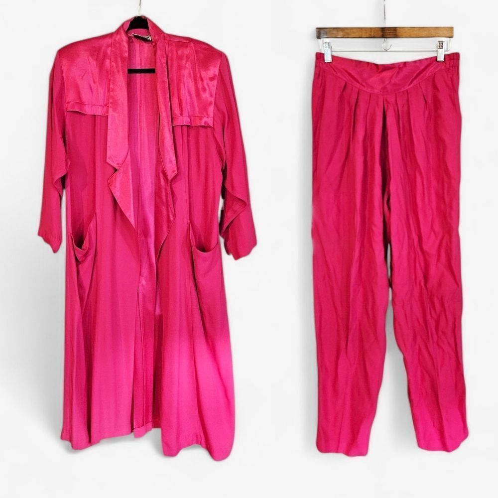Vintage Forenza 80s Retro Fuchsia Satin Oversized Duster Yoked Waist Pant Set 10